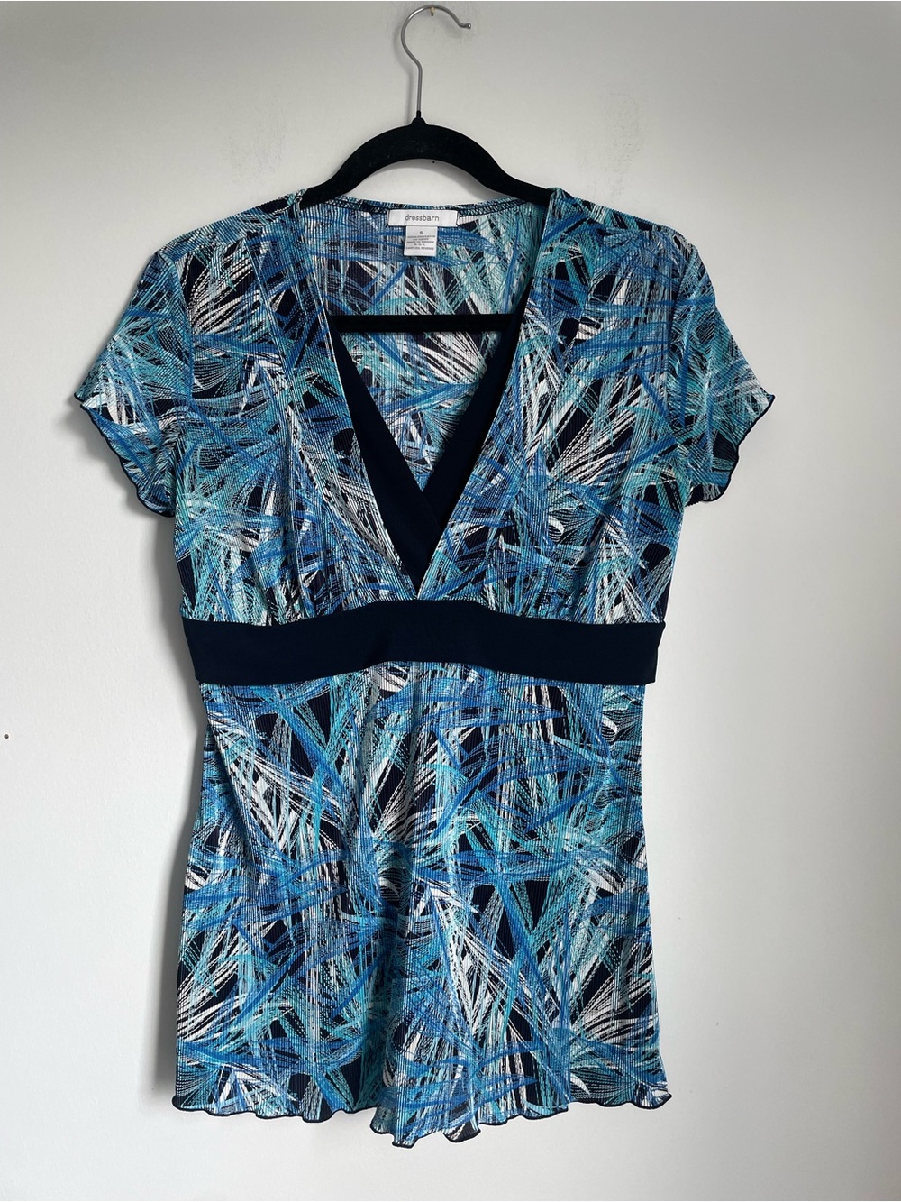 Dress Barn Y2K Blue Abstract Plisse Baby Doll Top With Lettuce Hem Size S
